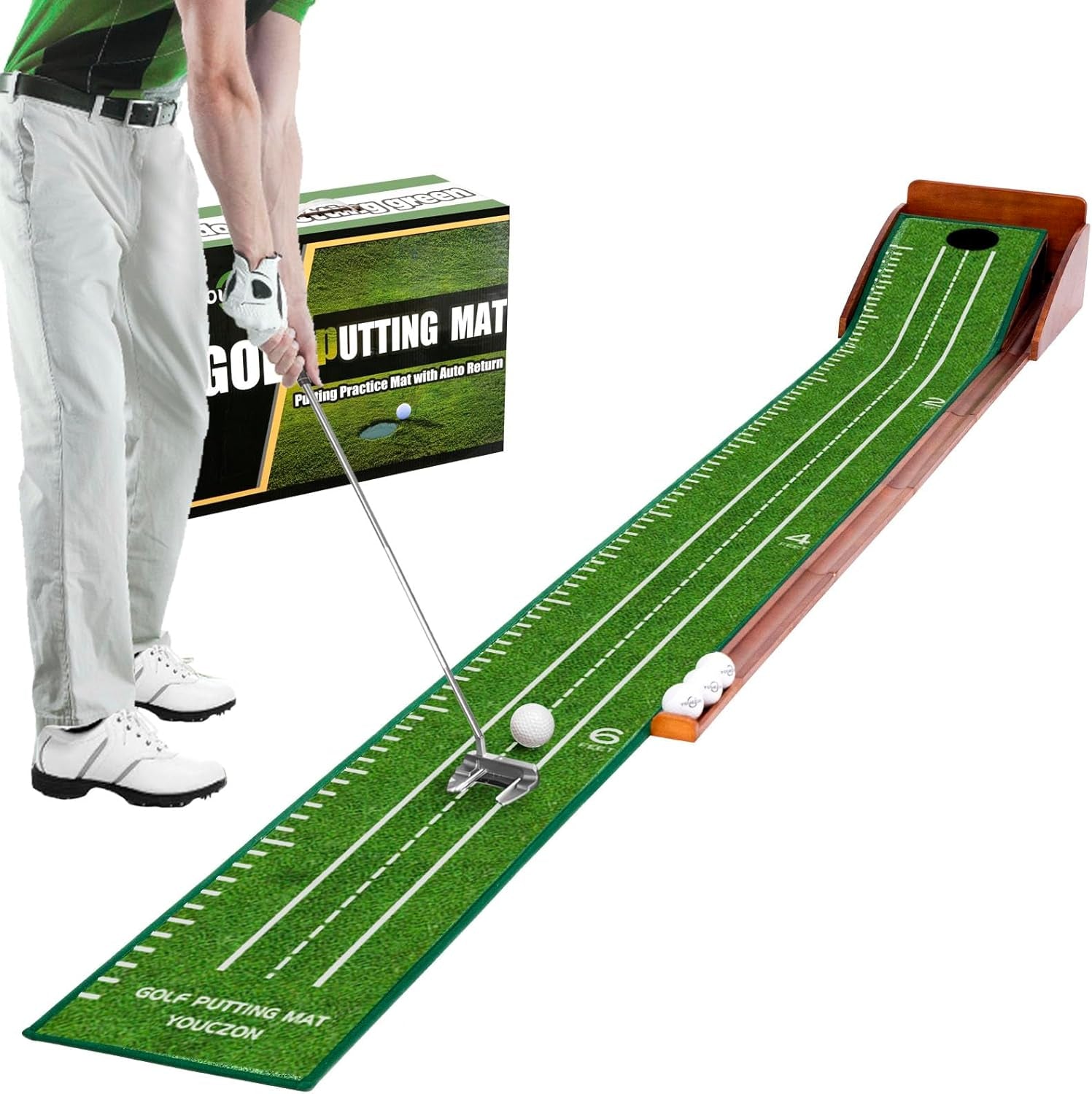 Indoor Putting Green with Auto Ball Return - Foldable Solid Wood Base and Premium Velvet Surface - Perfect for Home, Office, and Golf Enthusiasts