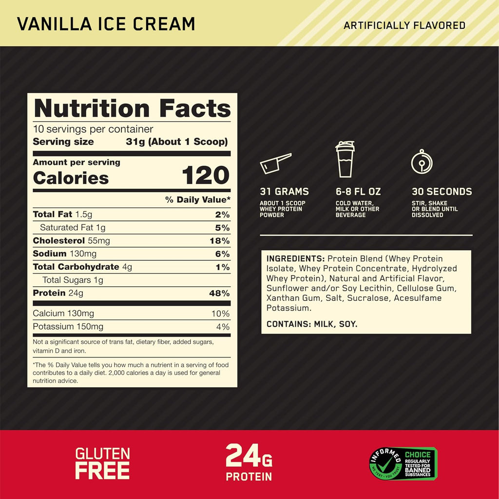 Gold Standard 100% Whey Protein Powder - Vanilla Ice Cream, 0.68 lb (Single Pack)