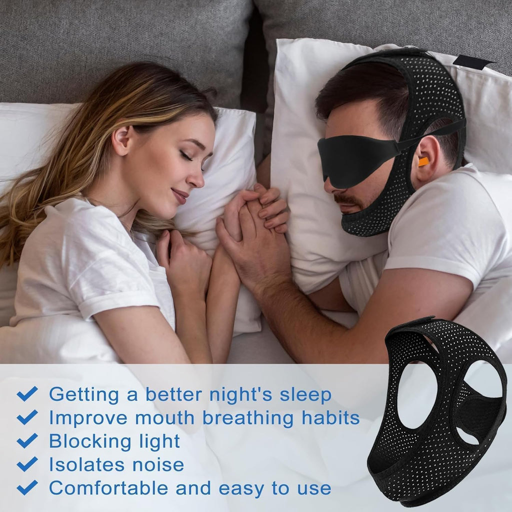 Chin Strap for Sleeping, anti Snoring Devices Comfortable Effective Stop Snoring Solution, Snore Stopper Breathable, anti Snore Chin Strap Adjustable Velcro, with Eye Mask, Black