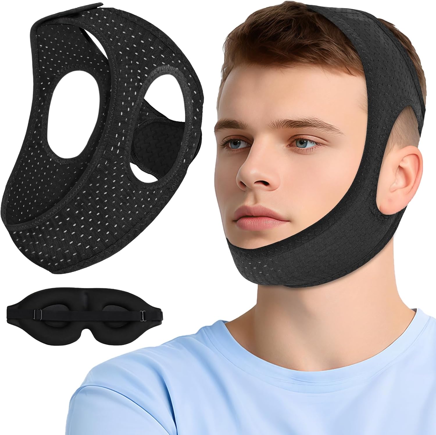 Chin Strap for Sleeping, anti Snoring Devices Comfortable Effective Stop Snoring Solution, Snore Stopper Breathable, anti Snore Chin Strap Adjustable Velcro, with Eye Mask, Black