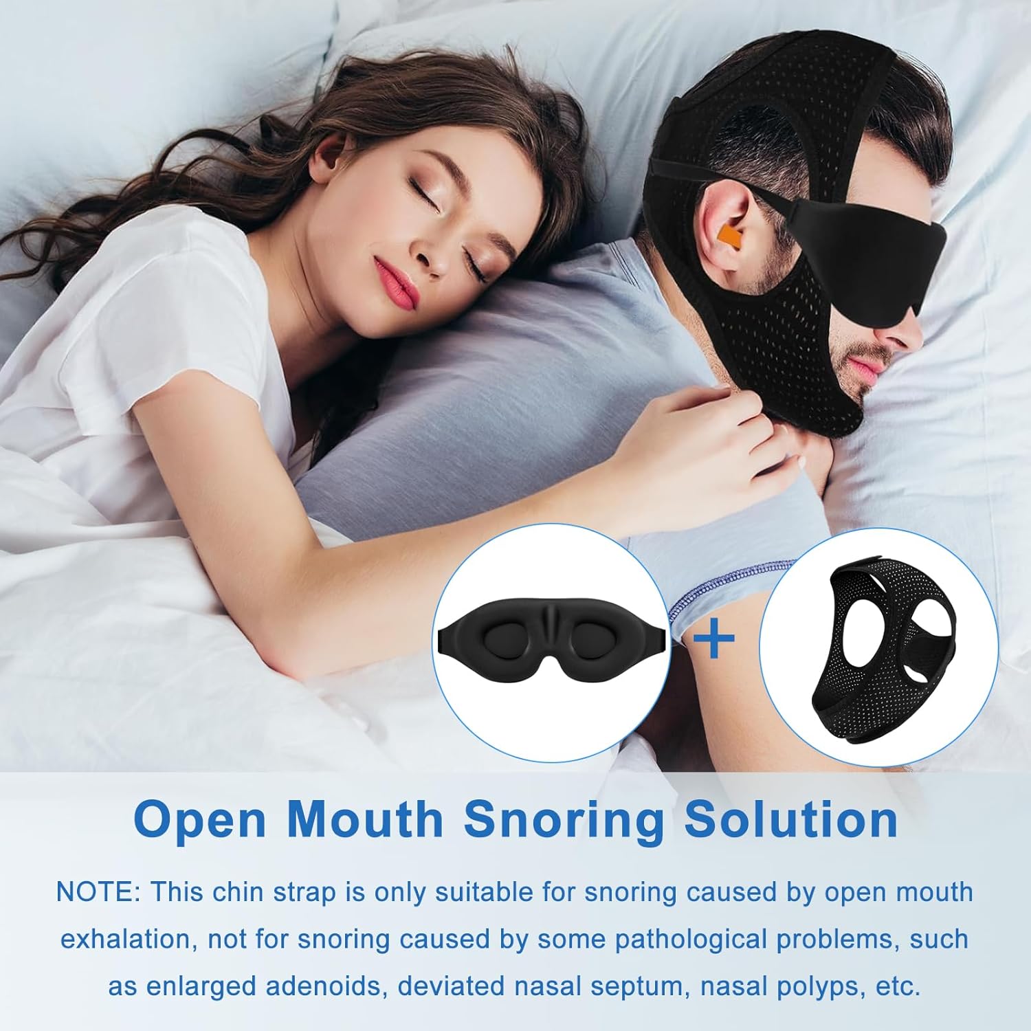 Chin Strap for Sleeping, anti Snoring Devices Comfortable Effective Stop Snoring Solution, Snore Stopper Breathable, anti Snore Chin Strap Adjustable Velcro, with Eye Mask, Black