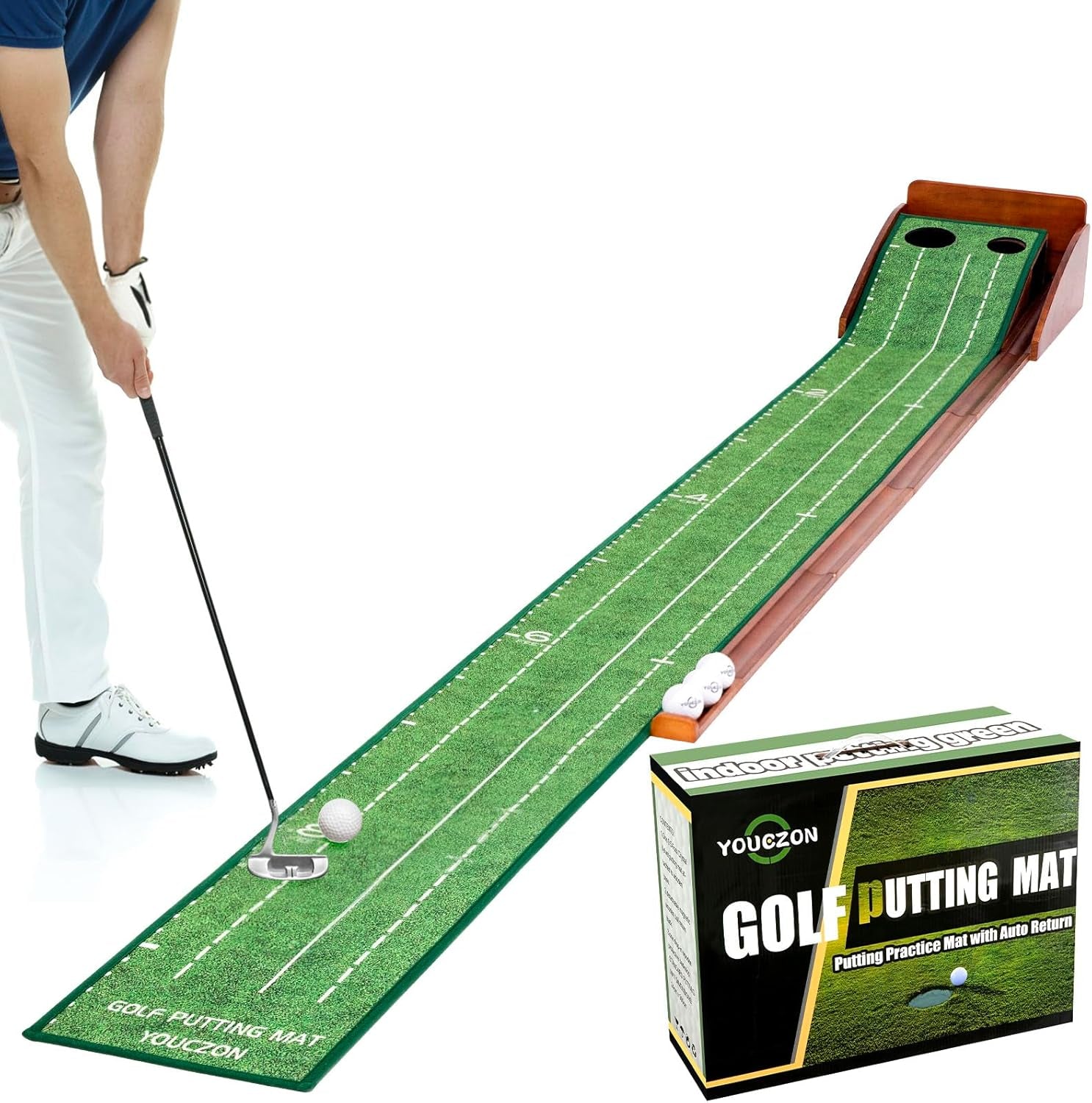 Indoor Putting Green with Auto Ball Return - Foldable Solid Wood Base and Premium Velvet Surface - Perfect for Home, Office, and Golf Enthusiasts