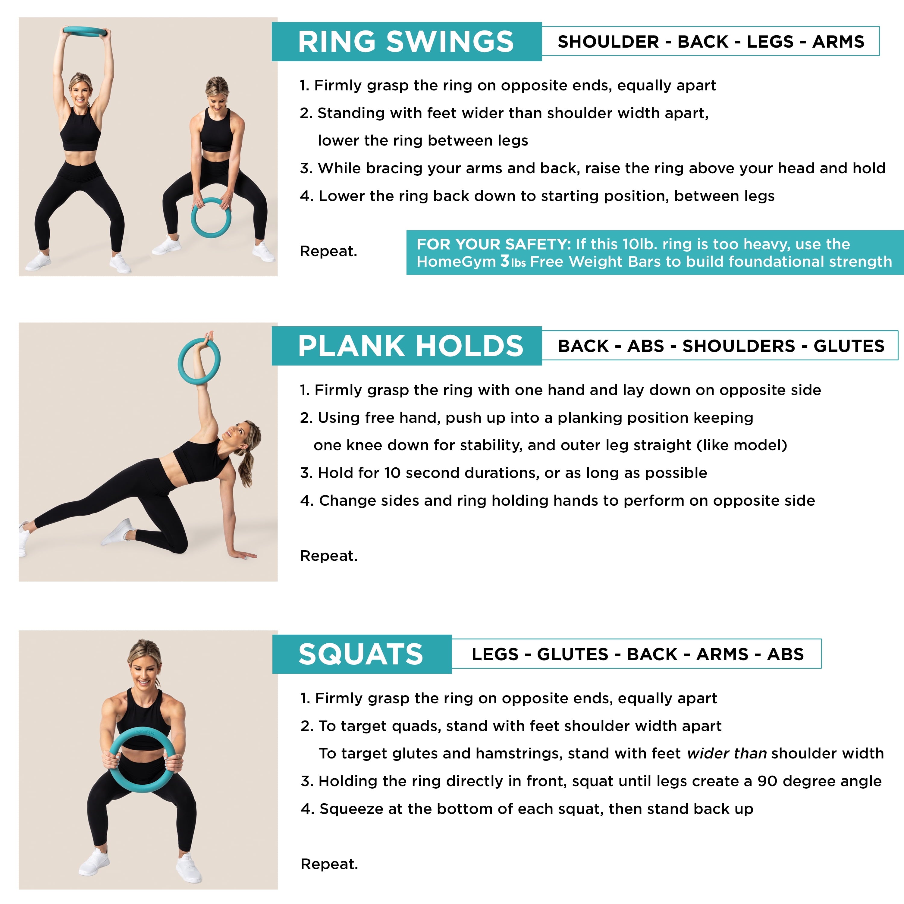 Exercise Weight Ring Resistance Training, Tone and Strengthen, 10 Lbs, 12" X 12", Teal