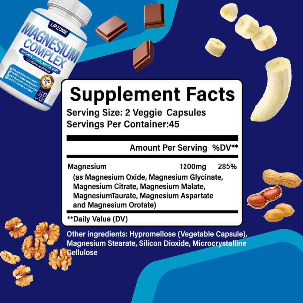 Advanced Magnesium Complex Supplement 1200mg – Comprehensive 8-In-1 Blend with Glycinate, Citrate, Malate, Taurate, Oxide, Aspartate, Orotate, and Chloride – High Absorption Formula – Non-GMO, 90 Capsules
