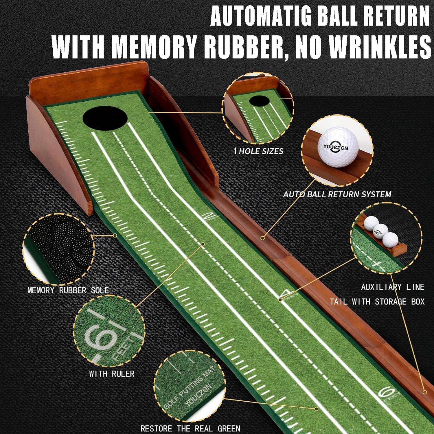 Indoor Putting Green with Auto Ball Return - Foldable Solid Wood Base and Premium Velvet Surface - Perfect for Home, Office, and Golf Enthusiasts
