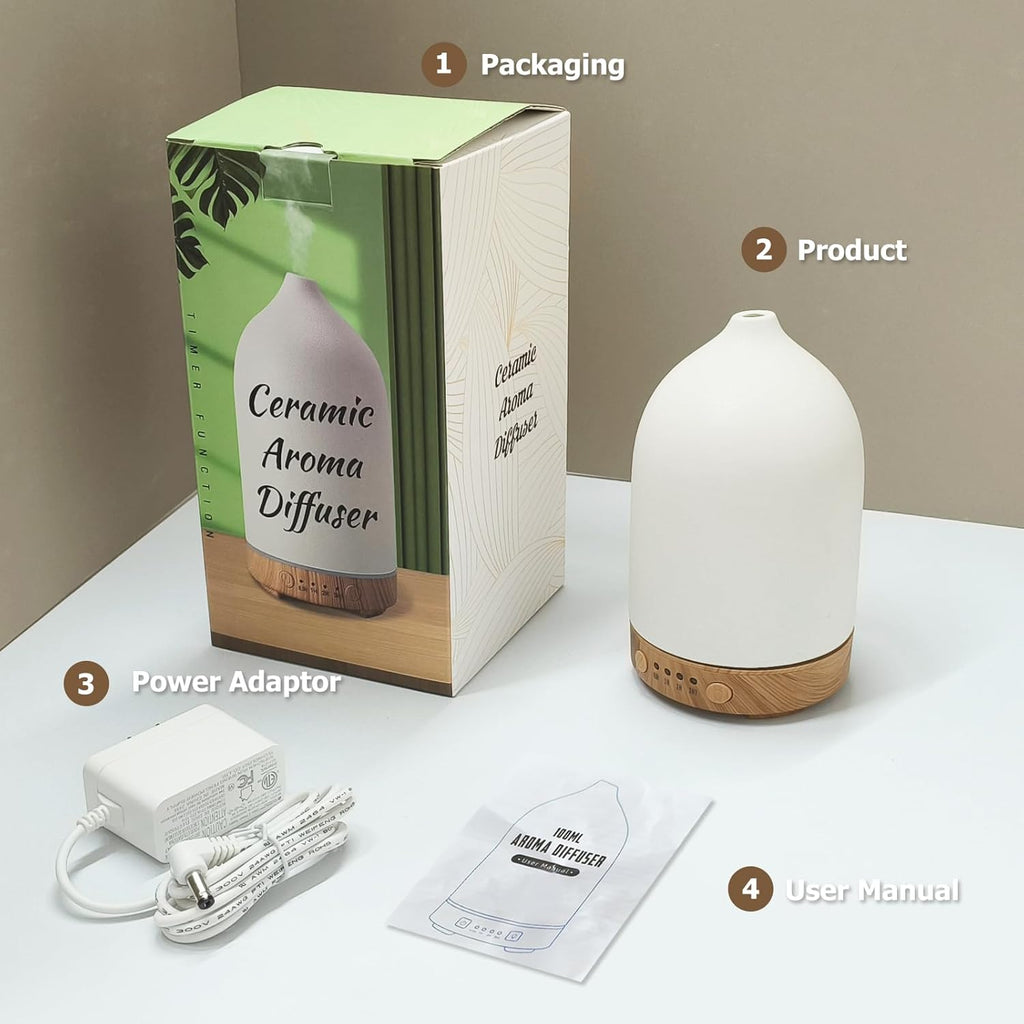 Essential Oil Diffuser Humidifiers, Aromatherapy Diffusers, Ceramic Essential Oil Diffuser, 7 Color LED Lights Auto Shut-Off, 4 Timer Mode for Office and Room 100ML White