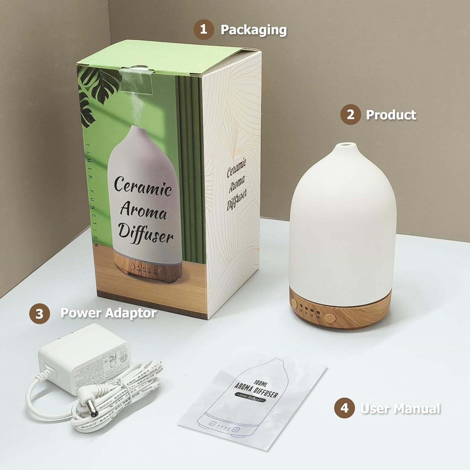 Essential Oil Diffuser Humidifiers, Aromatherapy Diffusers, Ceramic Essential Oil Diffuser, 7 Color LED Lights Auto Shut-Off, 4 Timer Mode for Office and Room 100ML White